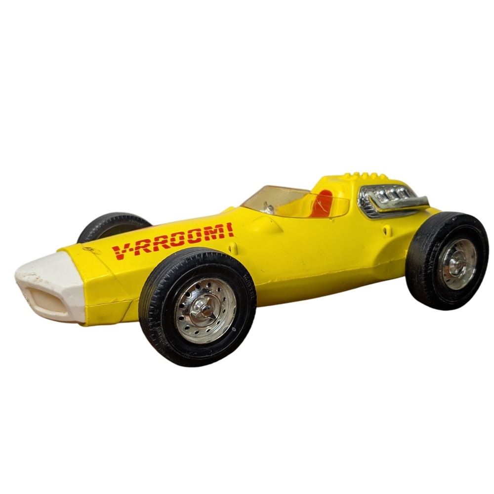 Vintage 1960s Mattel VROOM! Race Car‎ Toy Yellow Plastic Friction Powered